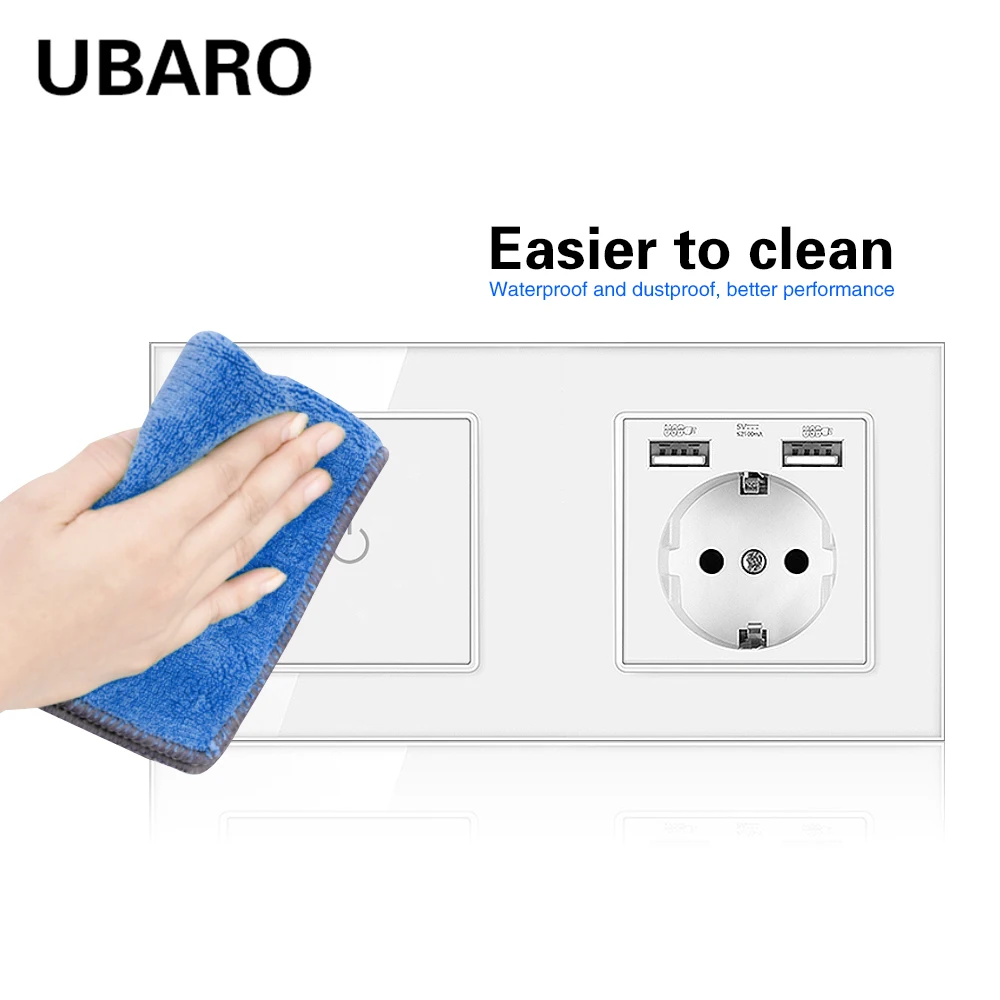 UBARO EU Type TV Socket Touch Switch DIY Installation Computer USB With Tempered Glass Frame Accessory White Home Improvement