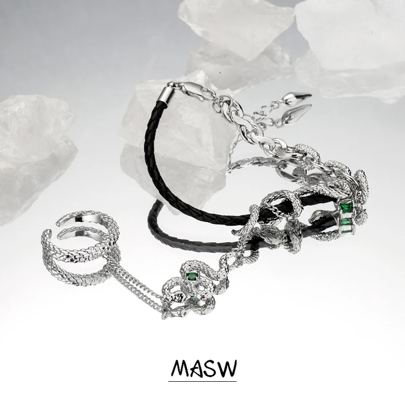MASW Modern Set Jewelry Snake Bracelet With Ring Hot Sale Cool Style Original Design Black PU Bracelet Finger For Womne Female