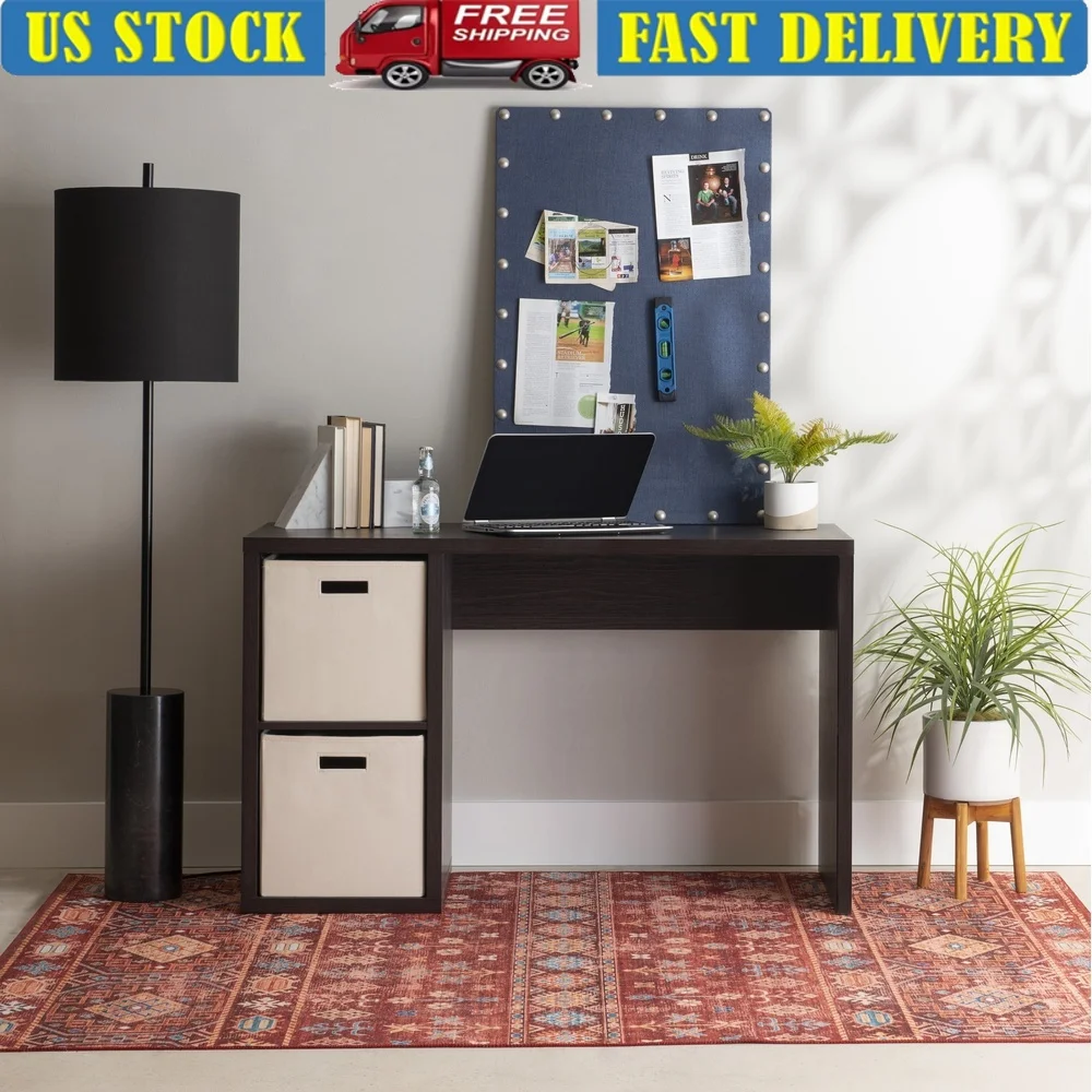 Transitional Double Cubby Storage Writing Desk Espresso Brown Large Worktop Open Cubbies Home Office Assembly Required