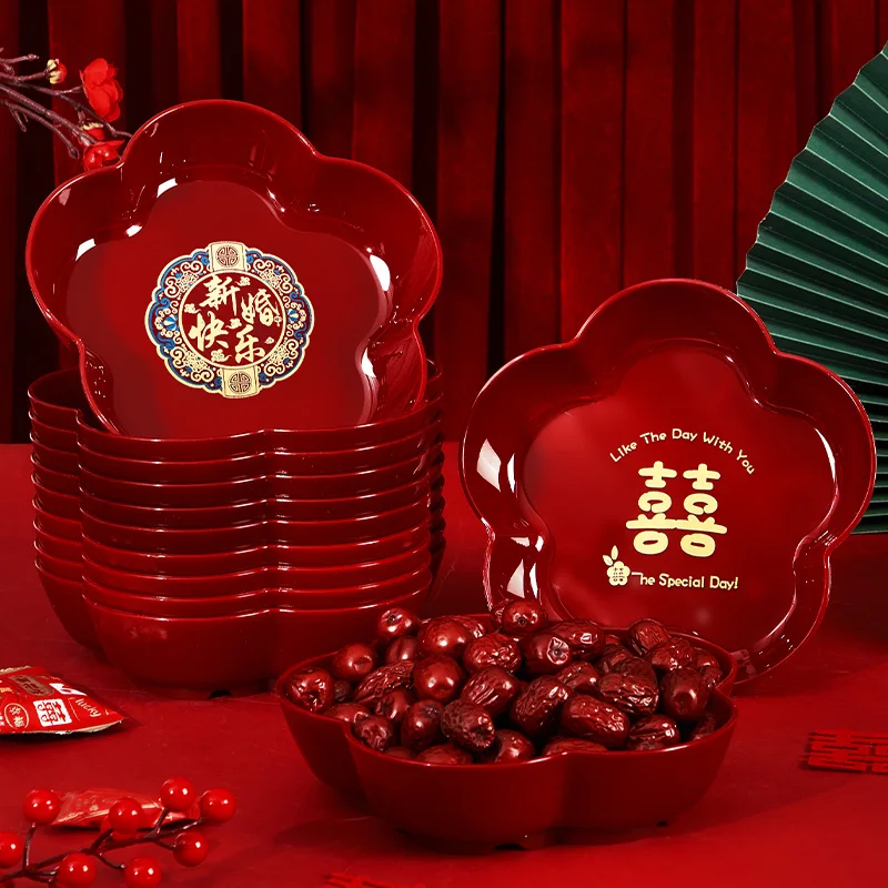 

Wedding fruit plate red happy candy plate engagement ornament living room special wedding supplies Daquan wedding plate