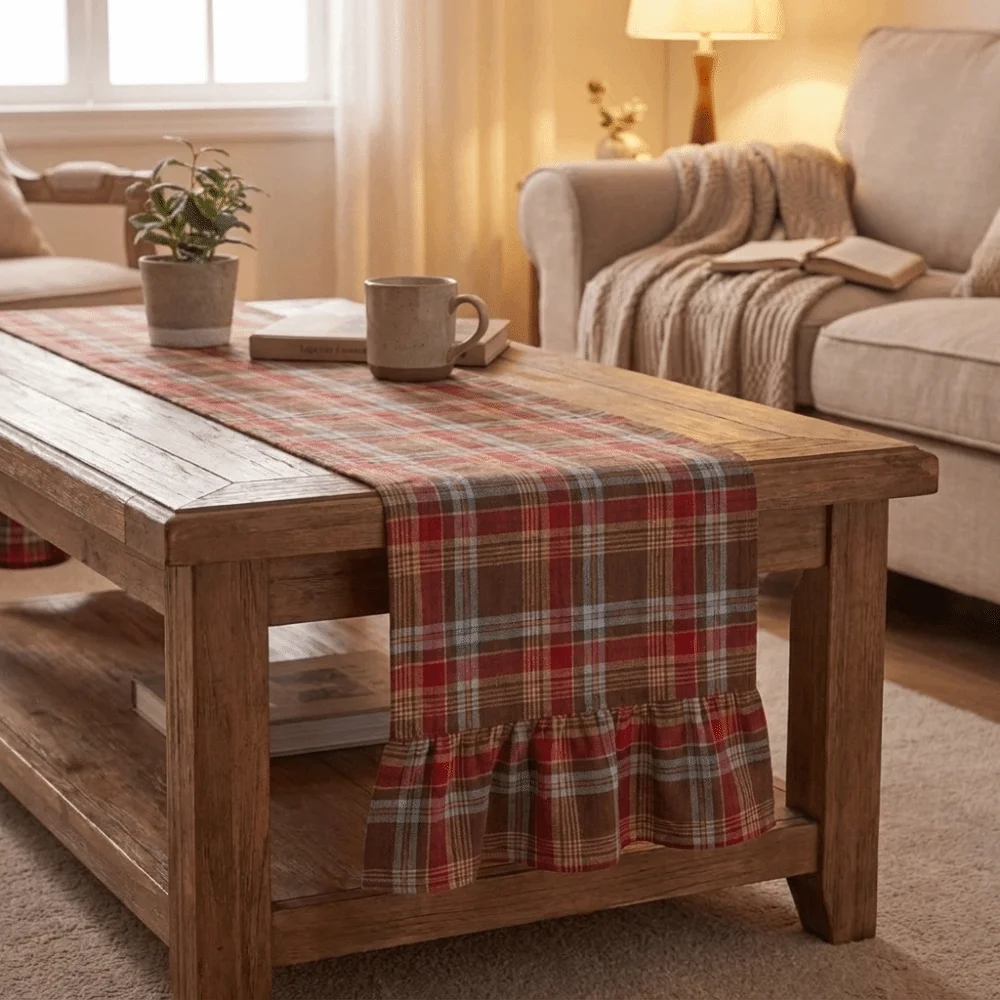 Double Ended Lotus Leaf Edge Christmas Table Runner Washable Rustic Style Plaid Table Runner Vintage Checkered