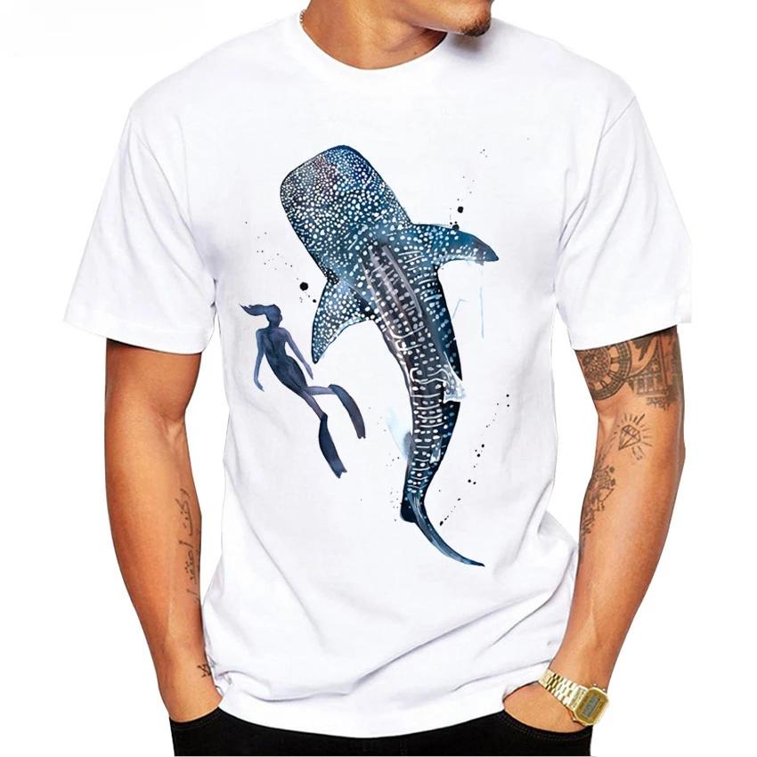 Whale Shark and Divers T-Shirt Diving with Sharks Memory Gift Men Summer Beach TShirt Funny White Casual Tees Hip Hop Tops