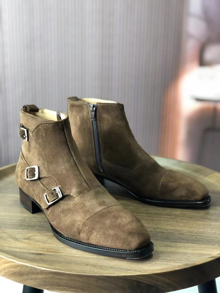 Cie tri-strips Chestnut Beveled Waist/Fiddle-back Ankle Boots Leather Sole Men High Quality Can Custom Handmade Footwear MA19