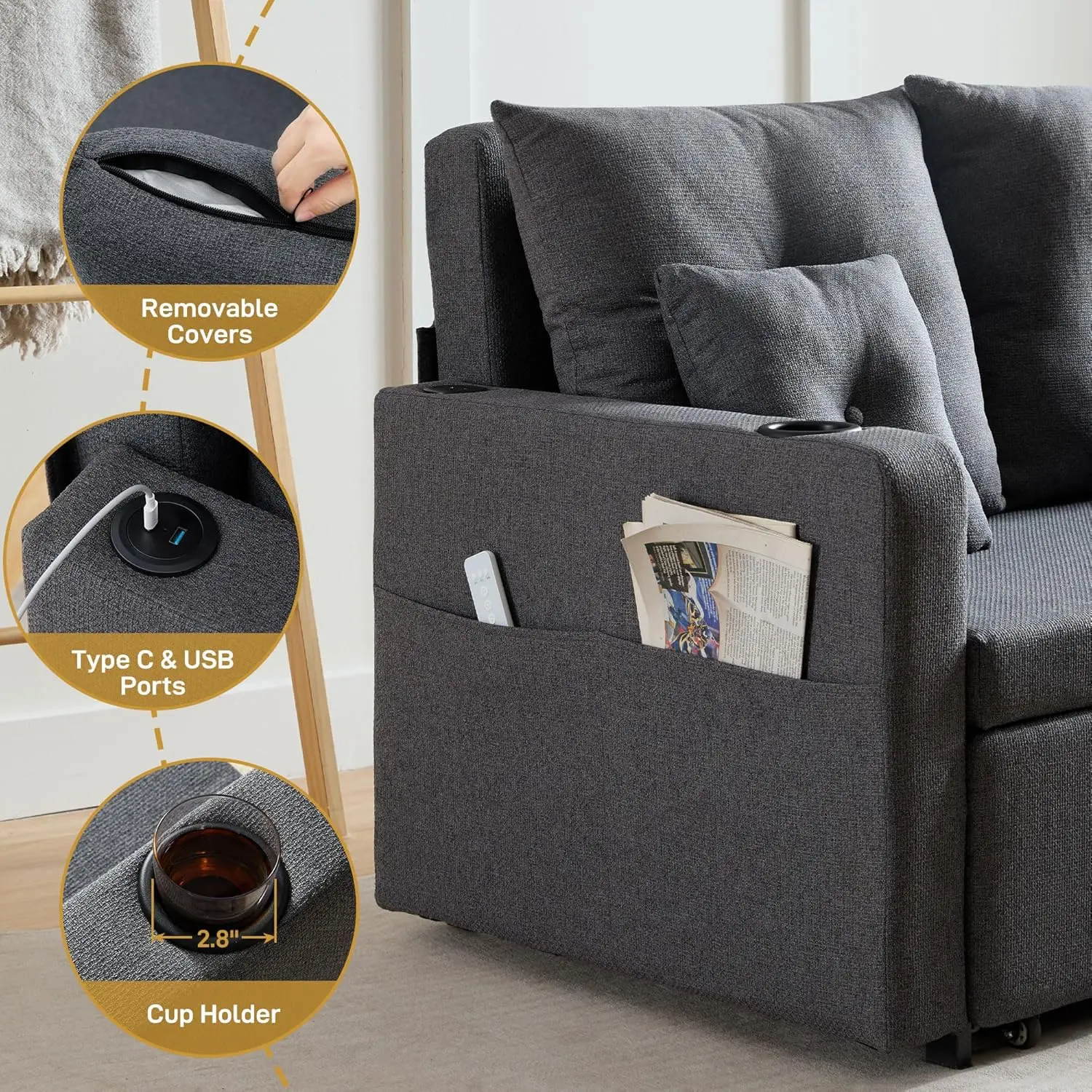 سرير أريكة قابل للتحويل 3 في 1، سرير أريكة نوم بمقعدين مقاس 56 بوصة، سرير أريكة للنوم مع جيب تخزين، USB، رمادي داكن