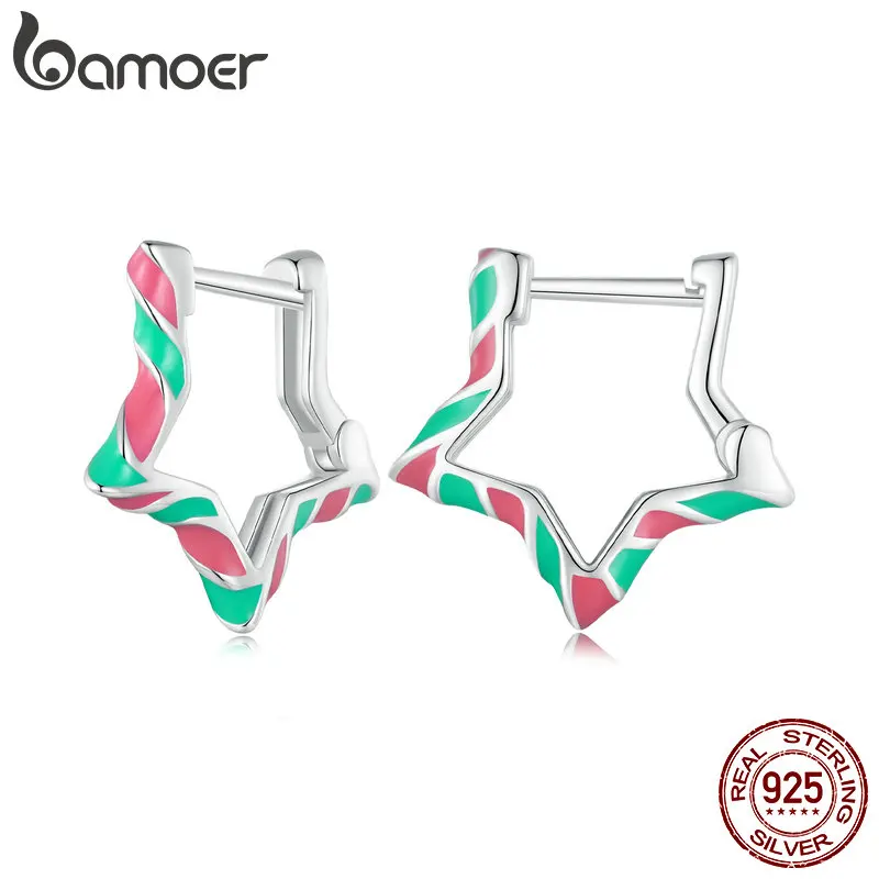 Bamoer 925 Sterling Silver Star Shape Ear Buckles Colorful Enamel Hoop Earrings for Women Christmas Fine Jewelry Gift SCE1658