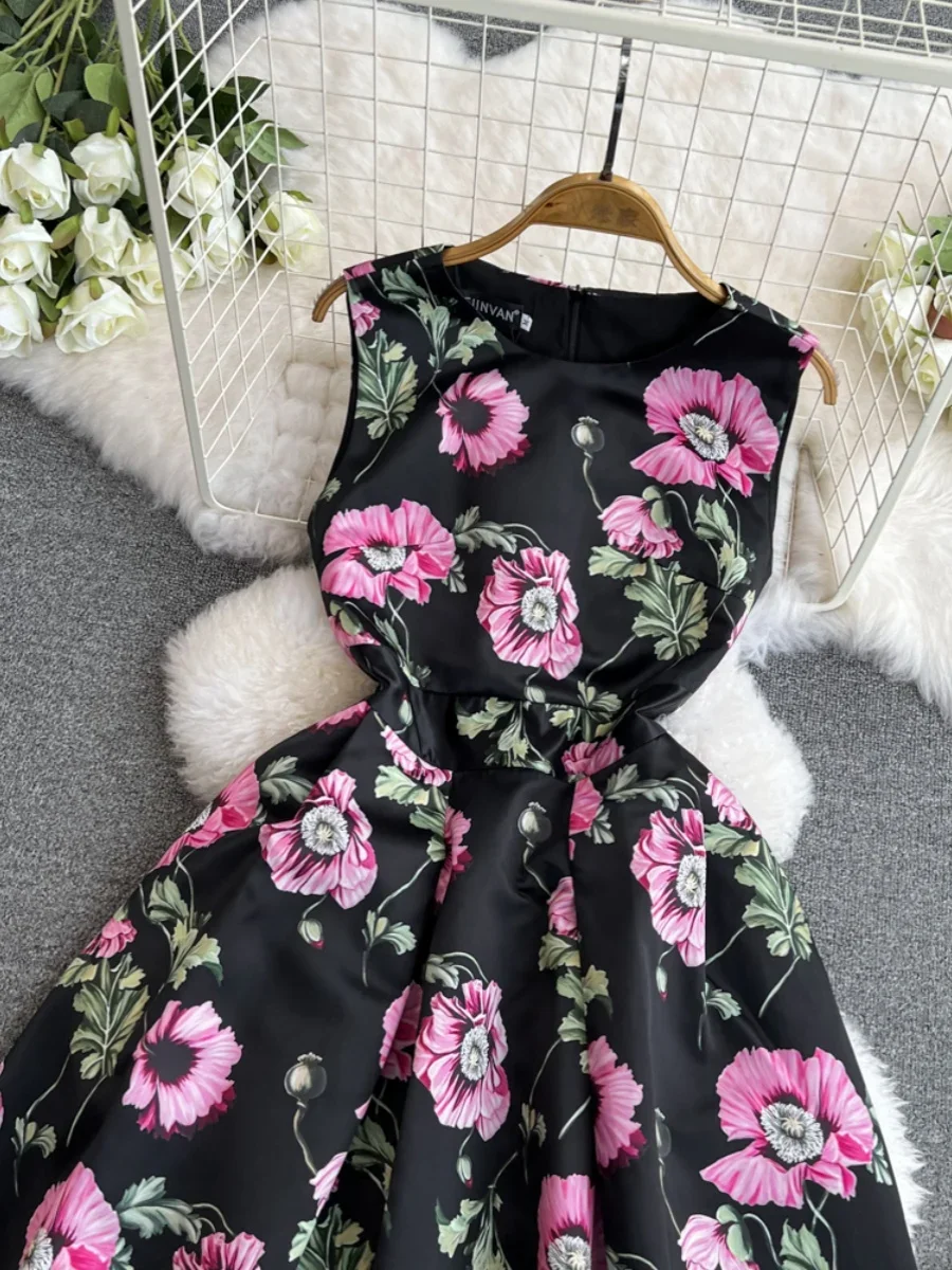 Retro Black Floral Printed Sleeveless Slim Long Prom Party Dress Birthday Wedding