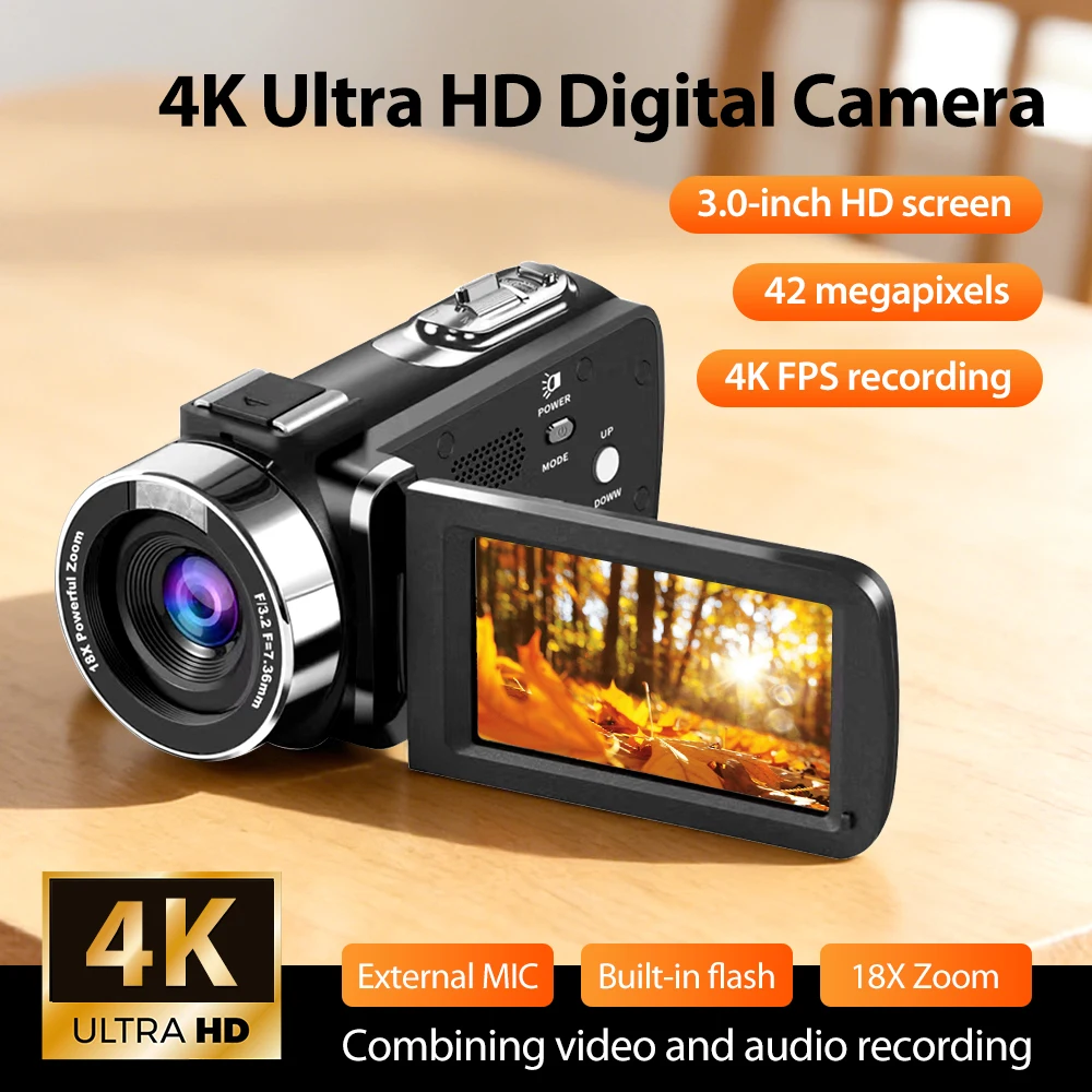 

Видеокамера 4K Ultra HD, 42 МП, 3,0-дюймовый экран, пульт дистанционного управления, внешний микрофон, подсветка, запись до 90 минут, замедленная съемка