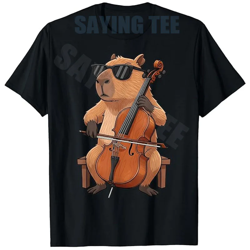 Cute Capybara Playing Cello Player Lover Musician Cellist T-Shirt Y2k Cartoon Graphic Apparel Boys Fashion Tee Streetwear Outfit