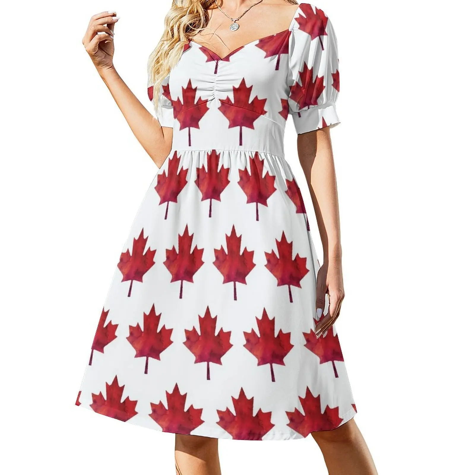 

Canada Day Watercolour Maple Leaf Pattern Short Sleeved Dress dresses summer long sleeve dresses Dress