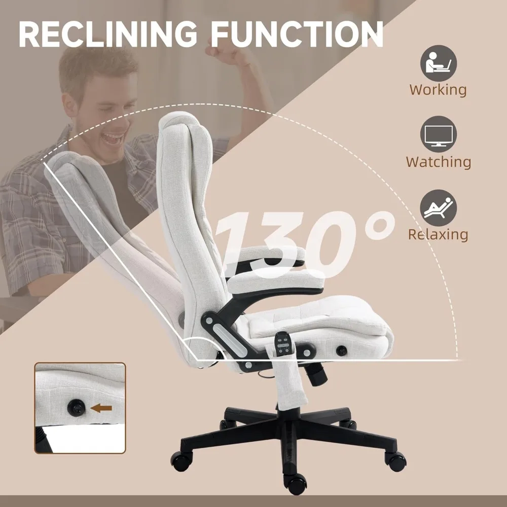 6 Point Vibrating Massage Office Chair with Heat, Linen High Back Executive Office Chair with Reclining Backrest