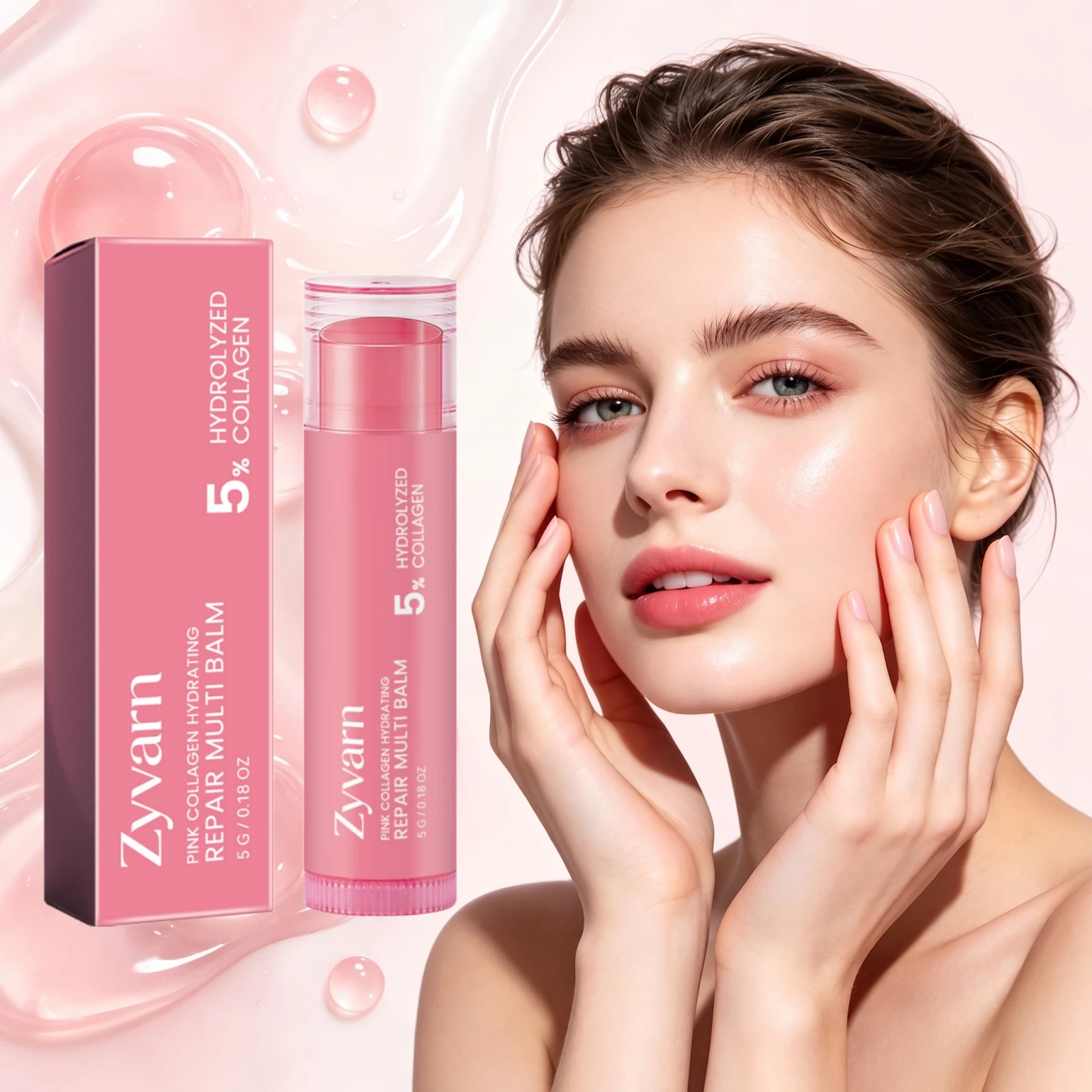 Bálsamo Multiuso Hidratante e Reparador com 5% de Colágeno Hidrolisado para Lábios, Bochechas e Cutículas - Hidratante Tudo-em-Um Rosa para Cuidados com a Pele