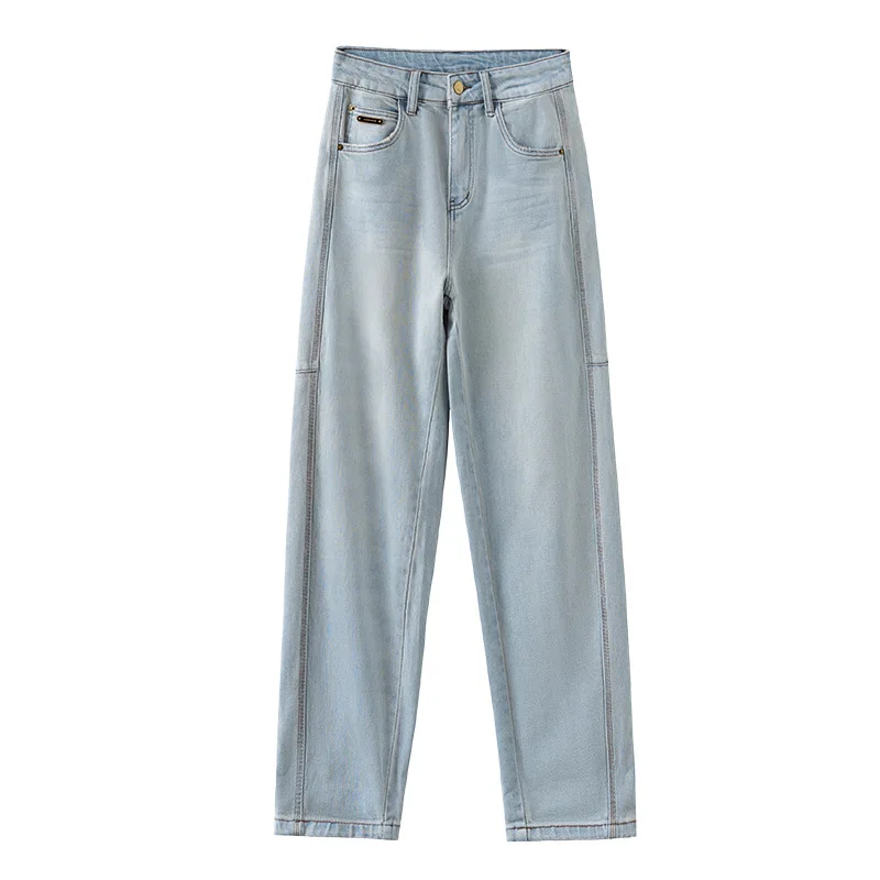 جينز مريح للنساء، سروال حريم خريفي، خصر عالي، تنحيف، مقاس فضفاض، جينز للأب