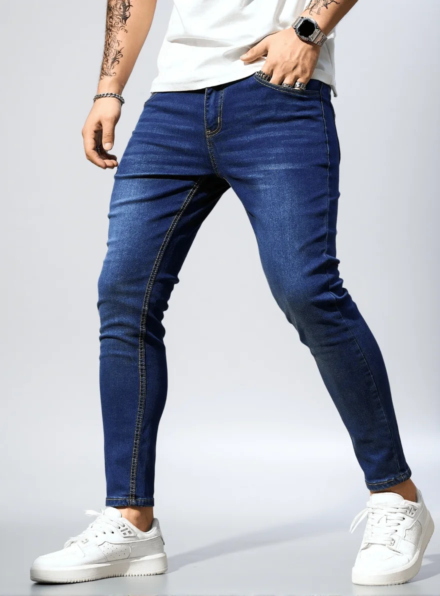 

Men's Fit Slim Stretch Jeans - Casual Daily Style, Blue Warm Pants, Suitable for All Seasons