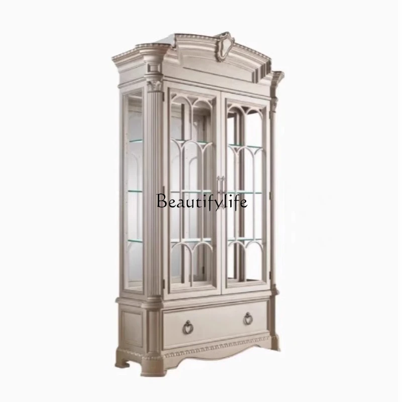 

American light luxury glass display cabinet living room solid wood carving flower double door locker