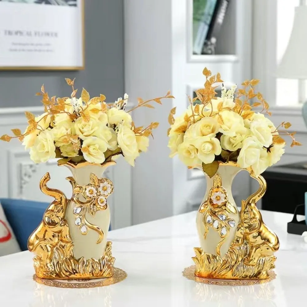 

Arrangement Modern Elephant Vase European Style Luxury Ceramic Gold Vase Decorative Flower Container Entrance