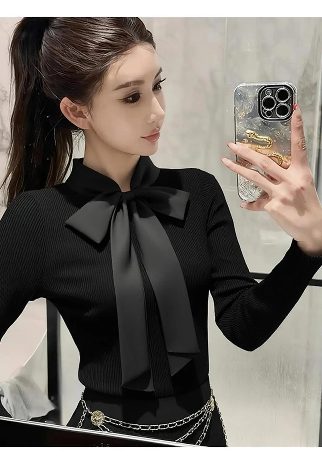 เสื้อยืดผู้หญิงทรงเข้ารูป ดีไซน์ผูกโบว์ แขนยาว สไตล์เรียบง่าย แฟชั่นเกาหลี สวยสง่า เหมาะสำหรับฤดูใบไม้ผลิและฤดูใบไม้ร่วง