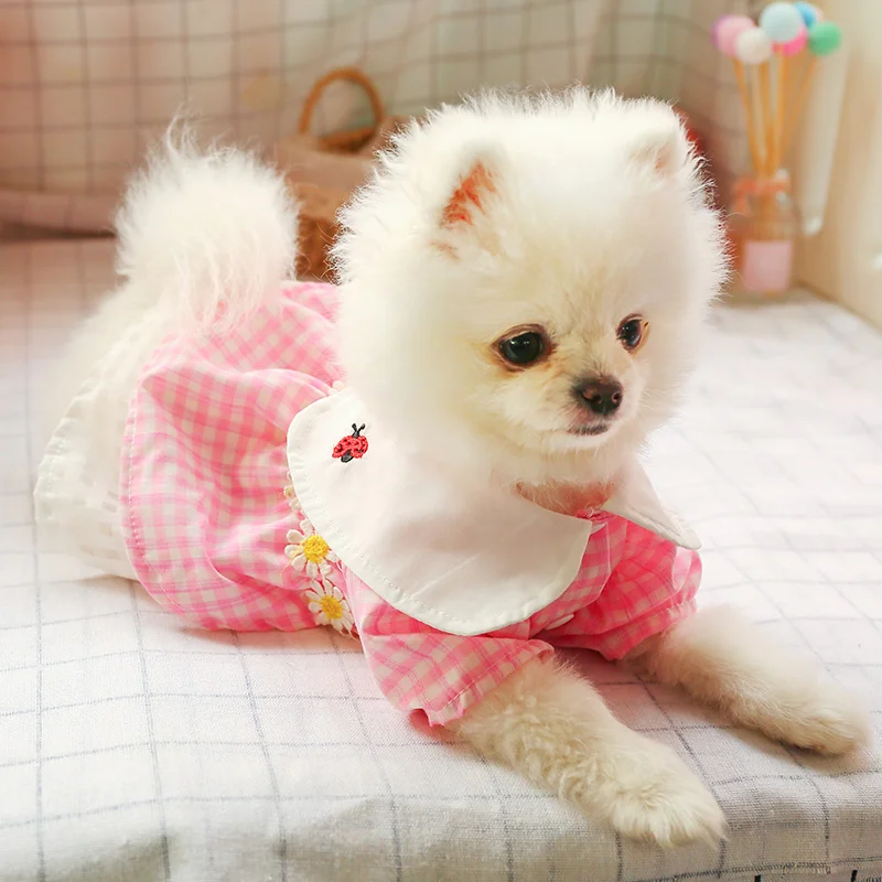 1PC Pet Clothing Cat Spring/Summer Thin Pink Plaid Ladybug Skirt Suitable for Small and Medium Dogs