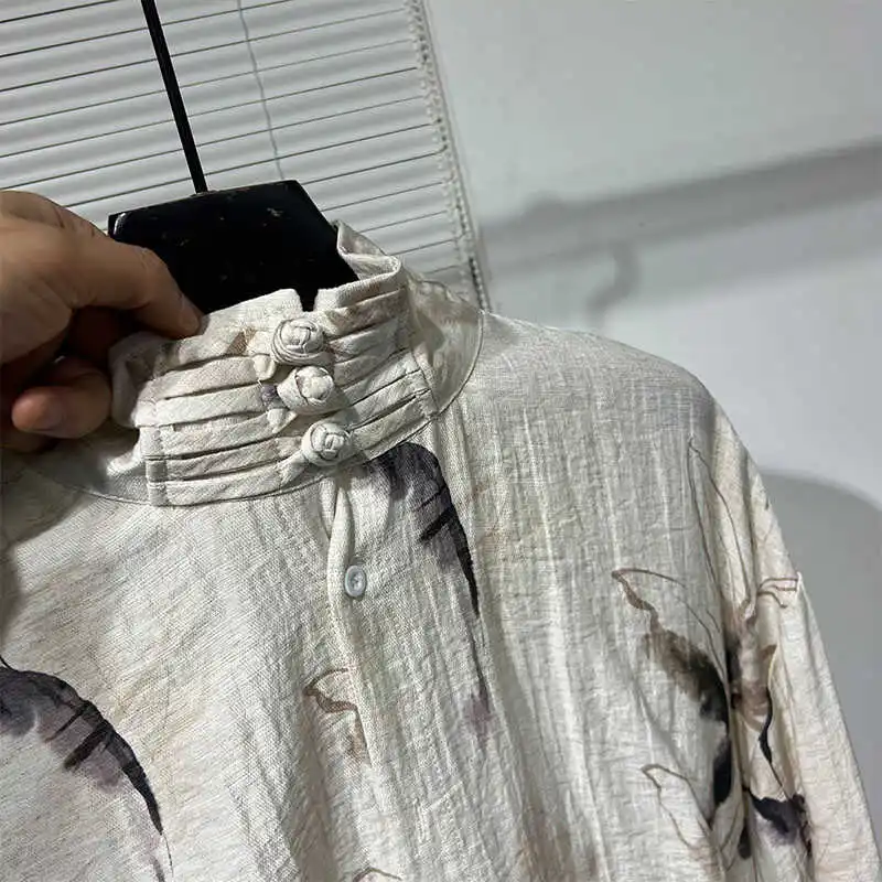 2024 Chinese-Style Shirts Loose Comfort Printing Long Sleeve Shirt Retro Cotton Linen Shirts Single Row Multi-Buckle Shirt