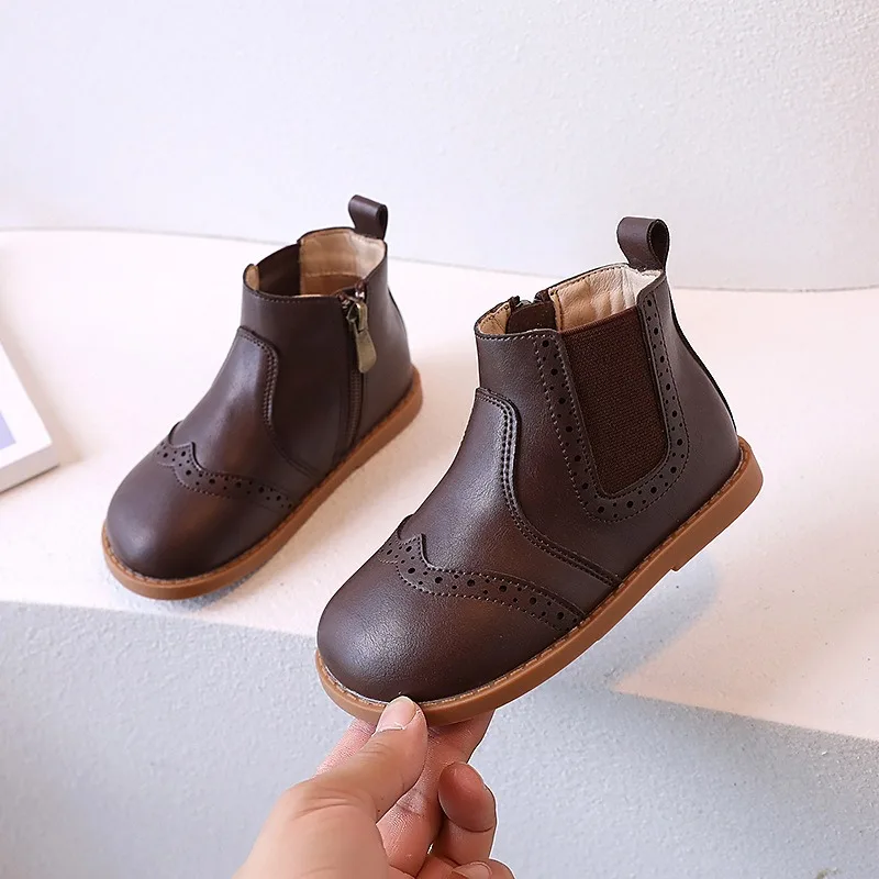 Girls Leather Shoes 2024 Autumn New Fashion Thin Velvet Warm Children\'s Boots Non-slip Hundred Boys Martin Boots Solid Colour