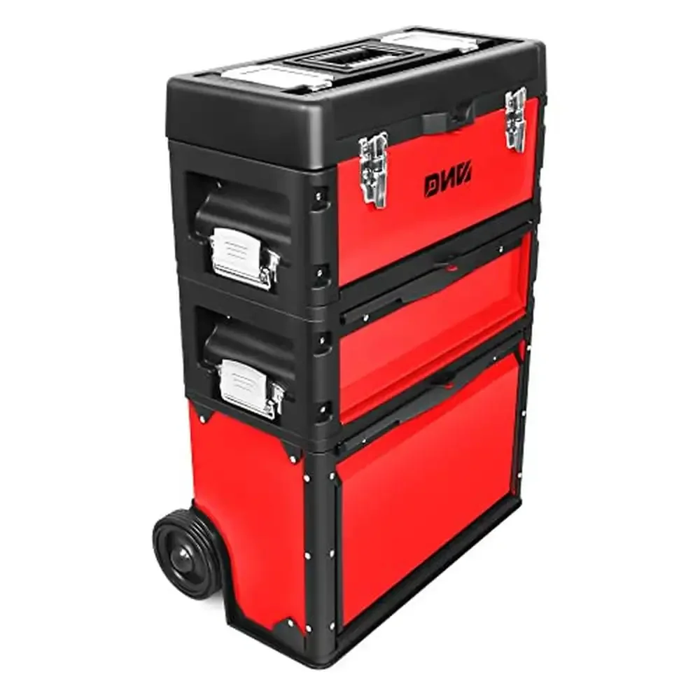 3-Tier Stackable Separate Tool Boxes Trolley 3-in-1 Storage Compartments High-Quality DNA Tools Upright Rolling Case Steel & PP