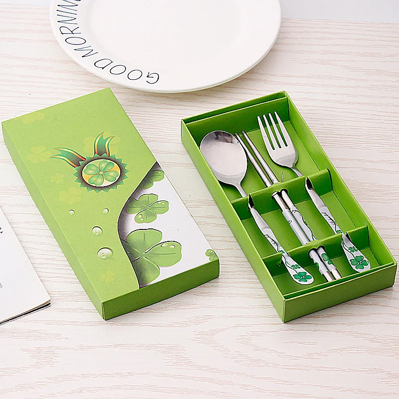 Korean Style Double Fish Pattern Stainless Steel Spoon Chopsticks Gift Set  Stripe Design Boxed Utensils for Everyday... view 3