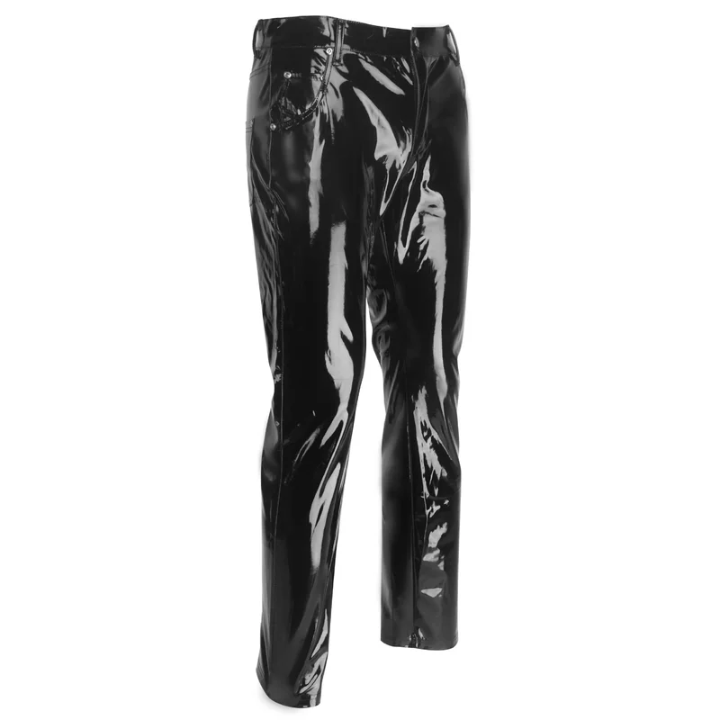 Black Party Stage Performance Slim Fit Biker Faux Leather Pants Shiny PVC Latex Trousers Fashion Motorcycle Mens Pants