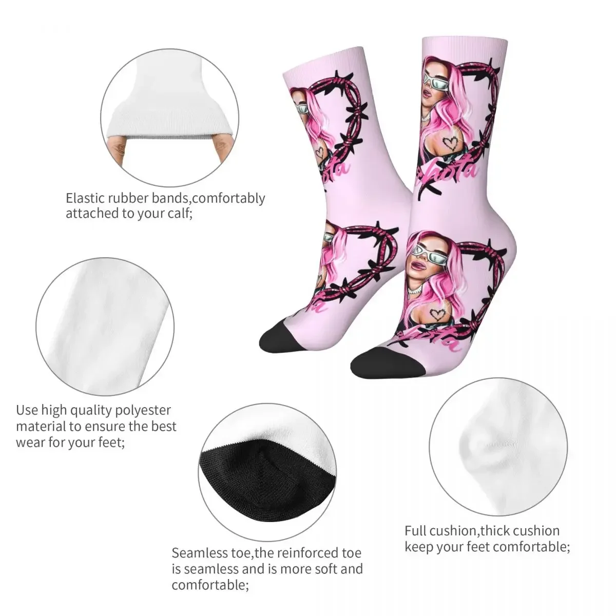 Harajuku Karol G Heart Bichota Pink Basketball Socks Polyester Crew Socks for Unisex Breathable