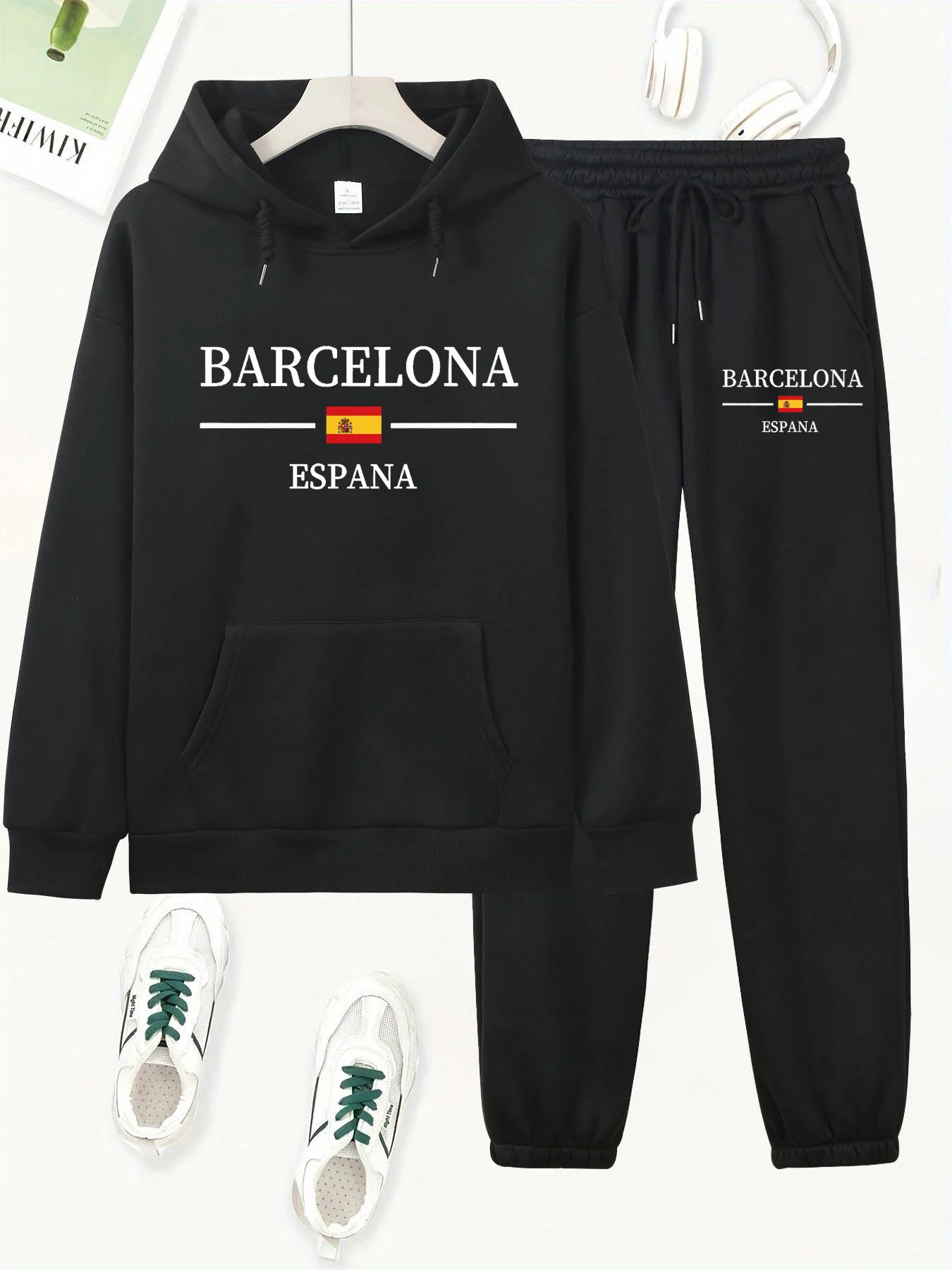 

Women's autumn and winter fashion casual hip-hop street Barcelona pattern print warm hooded sweatshirt+sports pants set