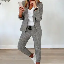 Lady Outfit Set Formal Women Blazer Pants Set Anti-wrinkle Pockets  Chic Ankle Length Plaid Print Jacket Trousers Suit