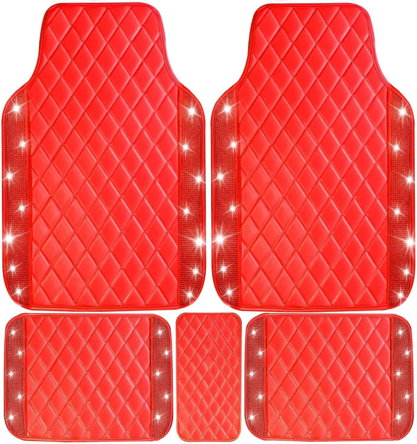 

Sparkly Diamond Car Floor Mats Full Set, Universal Fit for Most Cars, Waterproof Anti-Slip Red Leather Glitter Rhinestone