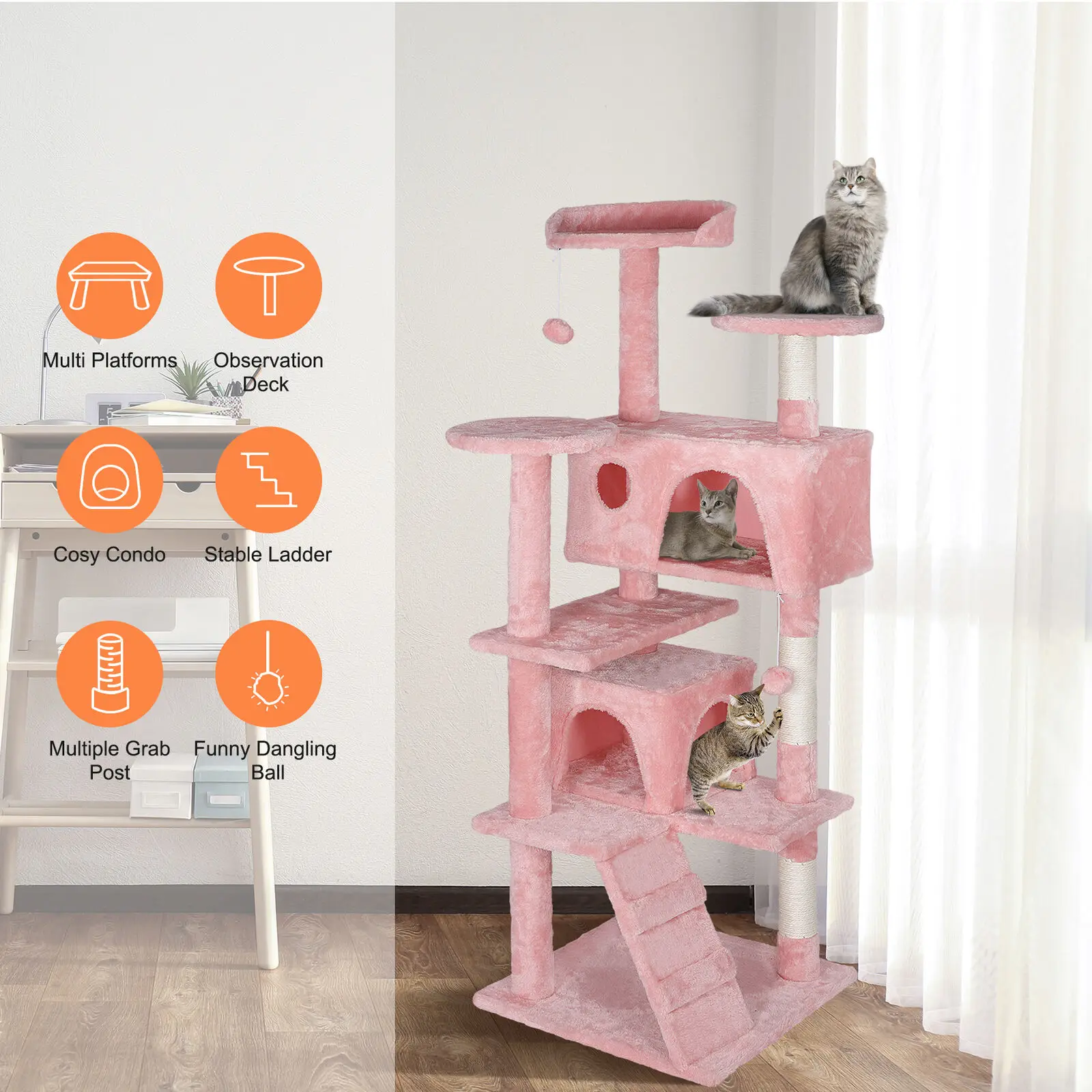 Torre de condominio con poste para rascar, árbol para gatos, rosa, muebles para gatos, 55\