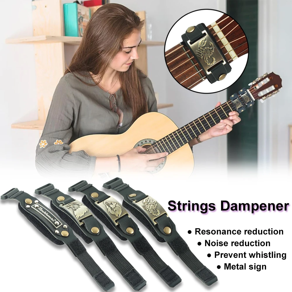 Amortiguador silencioso de cuerdas de guitarra, envoltura de cuello de traste de bajo Muter de cuerdas de guitarra eléctrica, cuero negro con acento de tótem de metal