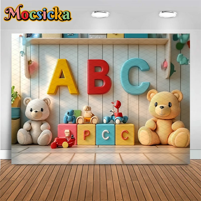 Mocsicka 베이비 샤워 사진 배경 학교 파티 어린이 학생 사진 배경 곰 편지 장식 배너