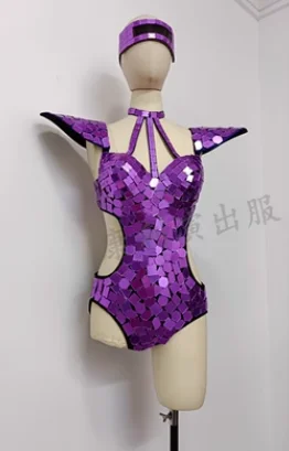 Sexy Female Mirror Sequins Fly Shoulder Hollow Out Bodysuit Dance Costume Rave Outfit Stage Performance Clothes Singer Show Wear