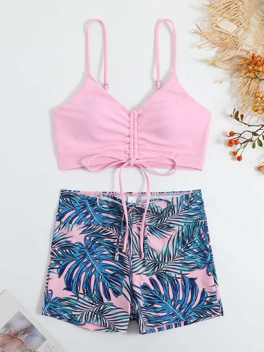 Tropical Print Drawstring Bikini 2024 Women High Waist Swimsuit Tie Front Shorts Swimwear Female Bathing Suit Swimming Summer