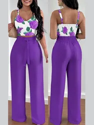 Fashion Women Print Halter V-Neck Short Tank Suit Tops Long Pants Matching Set Summer Casual Female Slim Pants Two Piece Sets