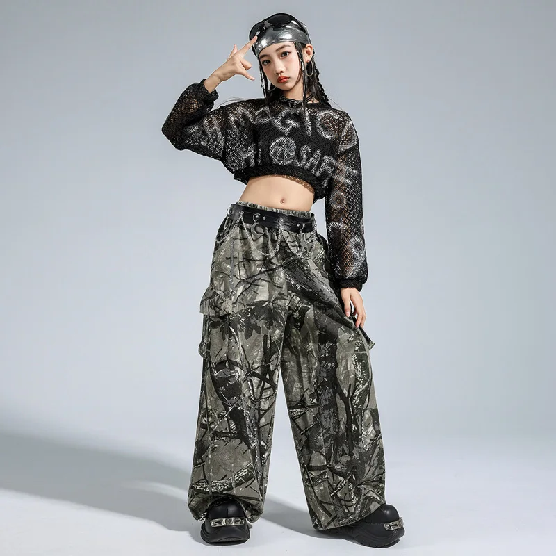 

Костюм в стиле хип-хоп для девочек, сетчатый укороченный топ, камуфляжные брюки-карго, детская одежда для уличных танцев, одежда для джазовых танцев для девочек