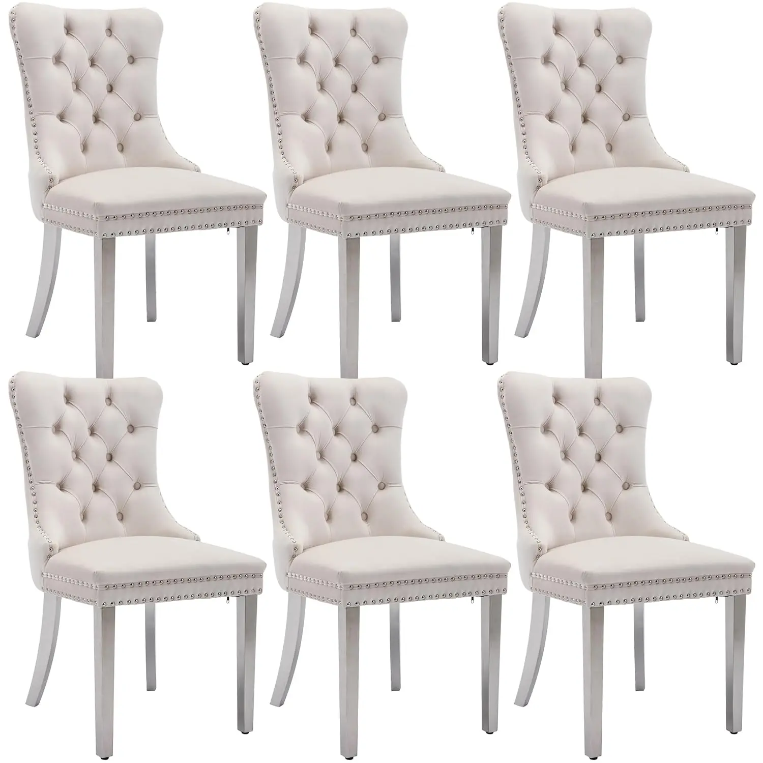 

Комплект из 6 обеденных стульев с бархатной обивкой, декоративной отделкой гвоздями, каркасом из массива дерева, хромированными ножками, для кухни, бежевый, серебристый, на заказ