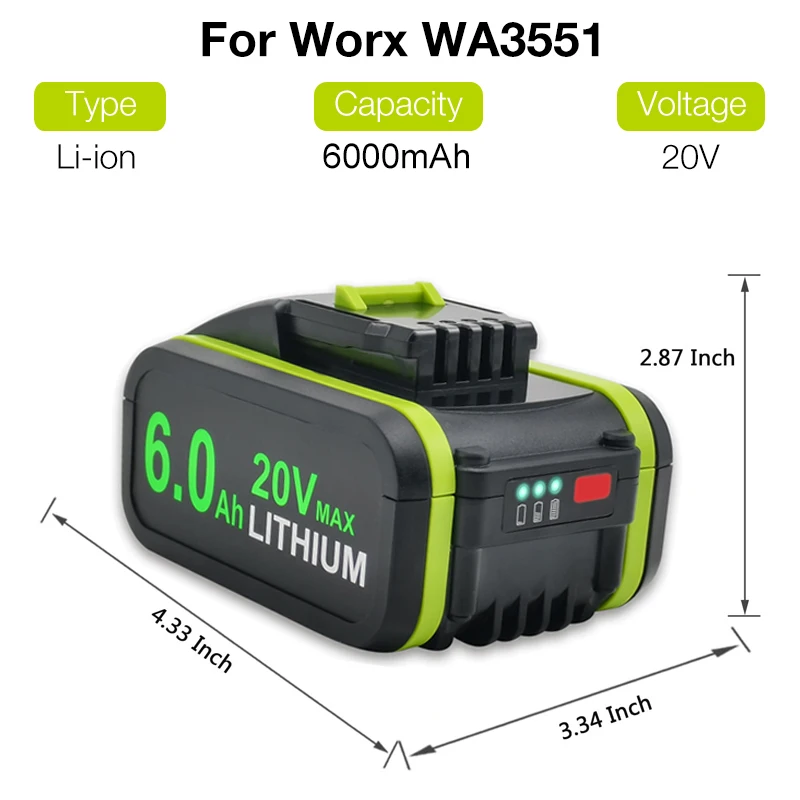 6.0Ah 20V Lithium-Ion Replacement Battery for Worx WA3551 WA3551.1 WA3553 WA3641 WG629E WG546E WU268 for Worx Power Tools