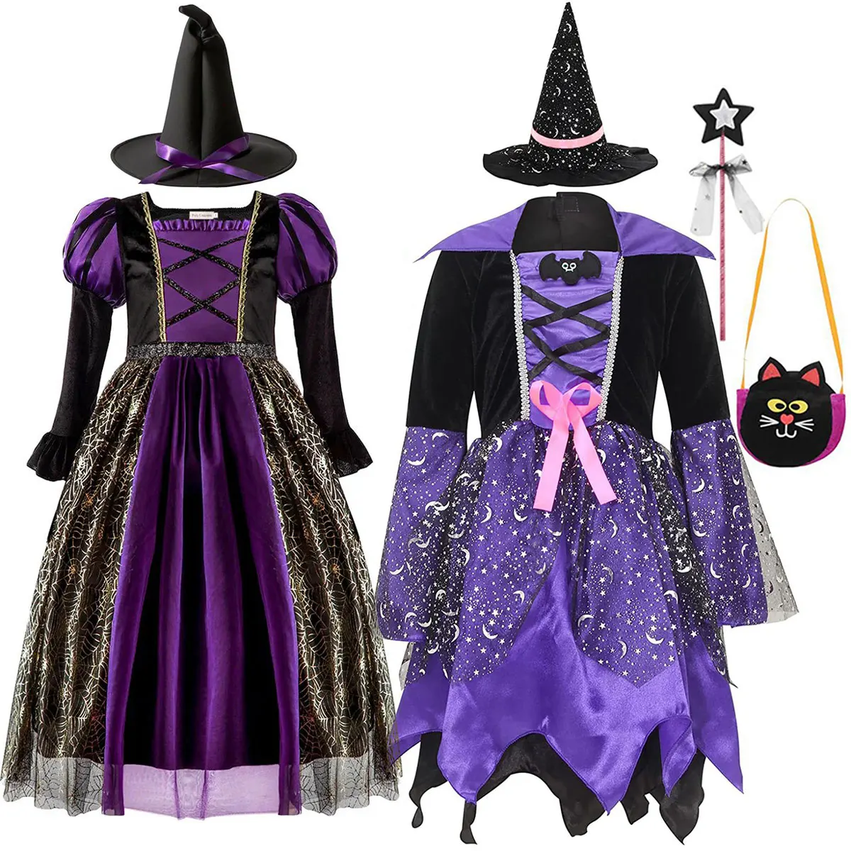 

2025 Halloween Witch Vampire Party Dress For Girls Gothic Ghost Stripe Costume + Witch Hat Girl Purim Carnival Party Clothes Set