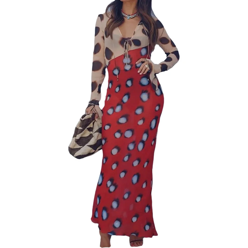 Damen Maxikleid mit langen ausgestellten Ärmeln, transparent, schick, V-Ausschnitt, Schnürung, Partykleid, Frühling, Sommer, Urlaub, bedruckt, Damenkleid 2026
