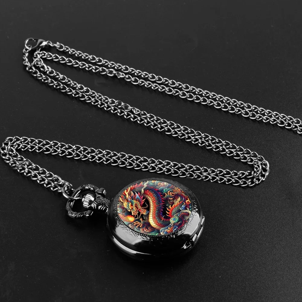 

Exquisite Dragon Wolf Glass Dome Quartz Pocket Watch Necklace Pendant Gifts For Women Man with Fob Chain