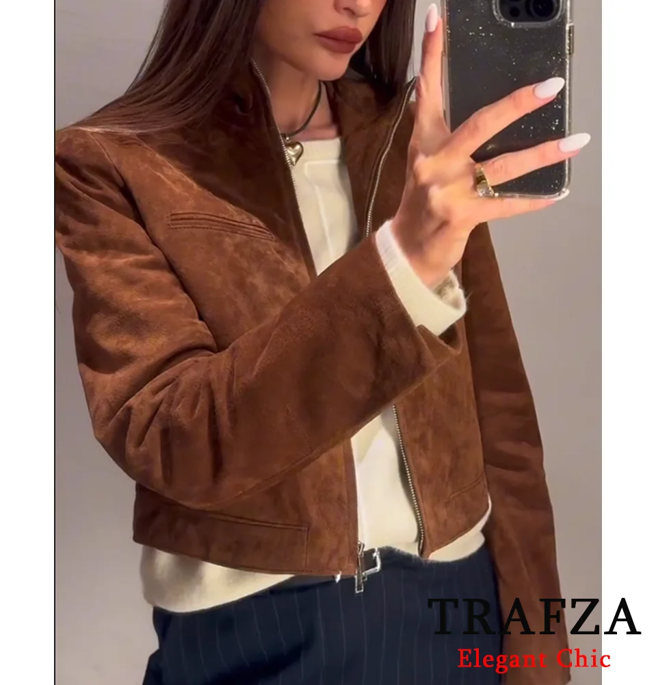 TRAFZA Women Suede Brown Coat Zipper Stand-Collar Slim Coat New 2025 Spring Fall High Street Charming Vacation Casual Jacket