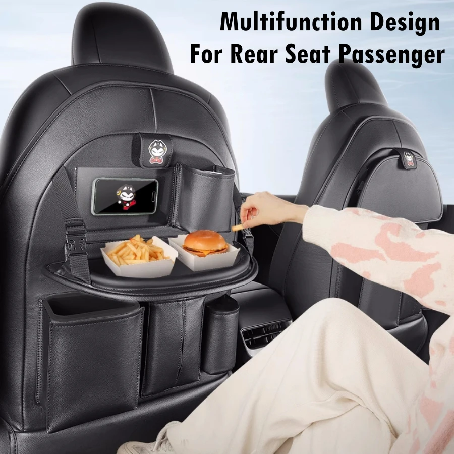 For Tesla Model Y Model 3 2019-2024 Backrest Organizer with Foldable Table Tray & Extra Storage Case PU Leather Seat Protector