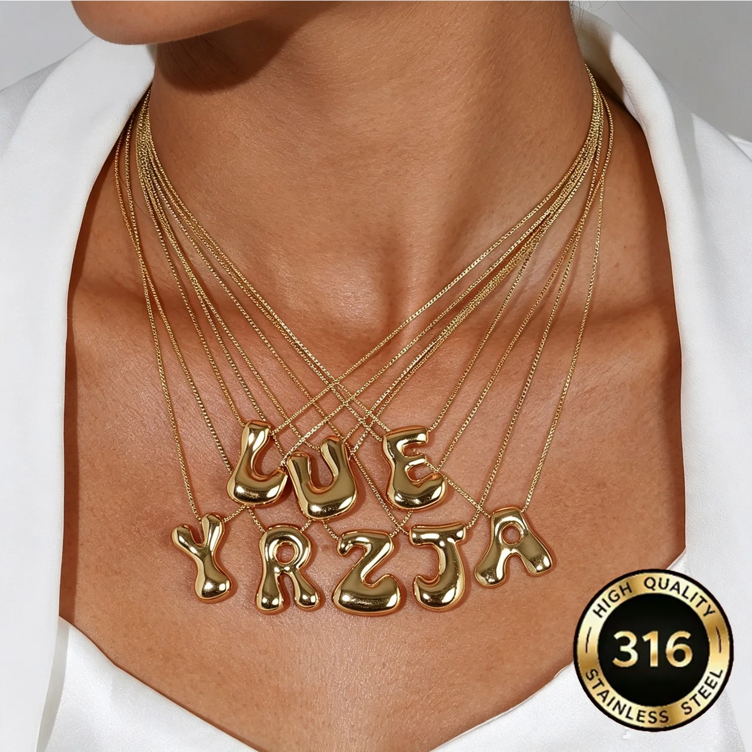 316L Letter Pendant Necklace Stainless Steel 18K Gold Plated Cute Bubble Charm Collarbone Chain for Women Everyday Accessory