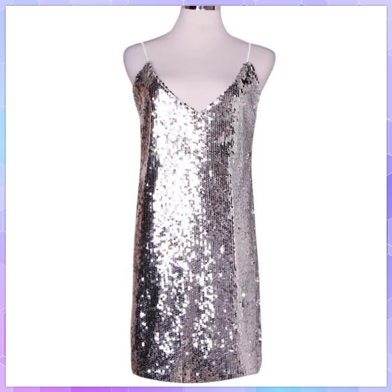 

Deep V Neck Autumn Silver Sequined Backless Sexy Dresses For Women 2022 Off Shoulder Mini Dress Party Club Strap Vestidos