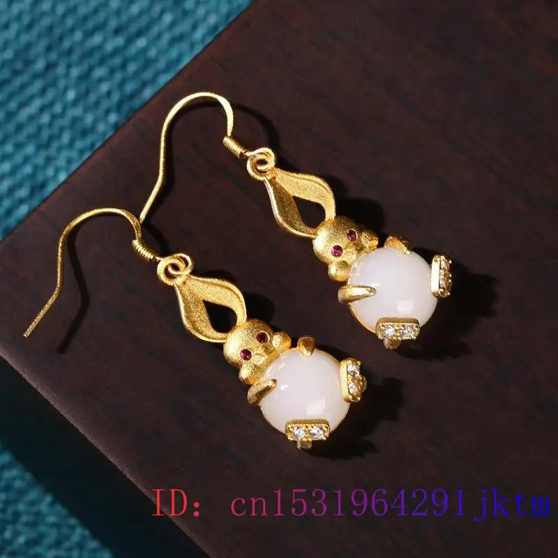 White Real Jade Rabbit Earrings Amulet Gift Carved 18K Gold Plated Charm Talismans Luxury Energy Stone Gemstone Natural Jewelry