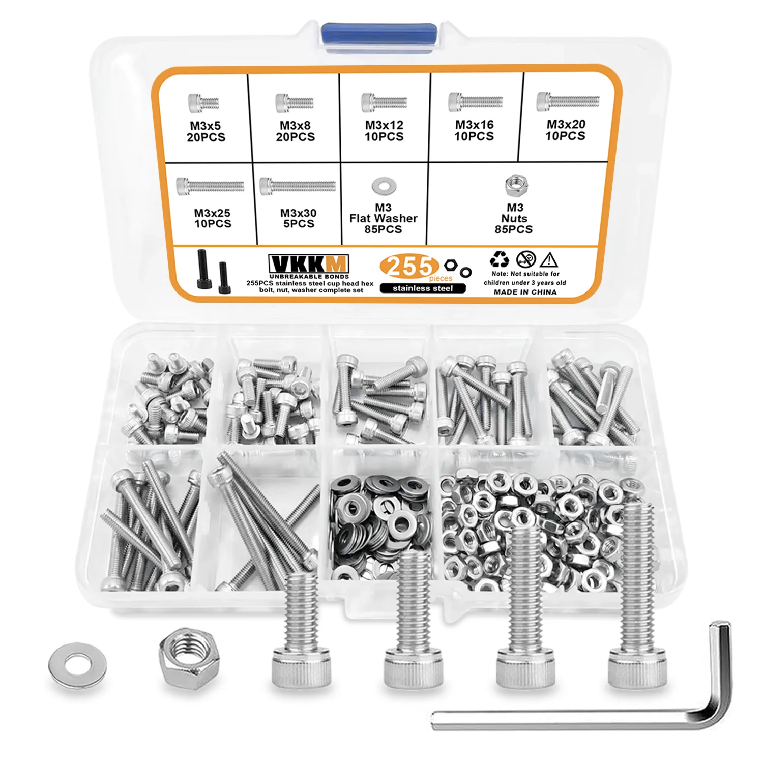 Stainless Steel Cylindrical Head Hex Bolts, M3 Metric Hex Head Screws, Nuts and Washers Combination Set - 255 Pcs