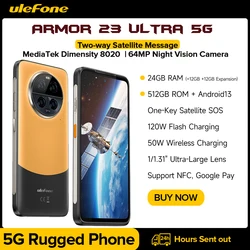 Ulefone-Armor 23 울트라 5G 견고한 휴대폰, 위성 메시지, 120W 스마트폰, 64MP 야간 카메라, 24 + 512GB, 6.78 인치, 120Hz , NFC Pho