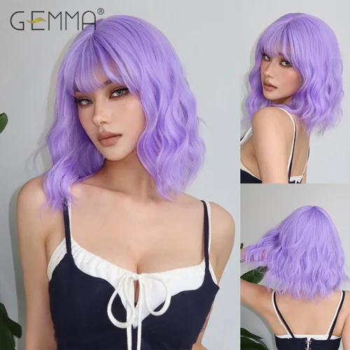Peluca rizada sintética de color púrpura claro largo con flequillo para mujer, pelucas de pelo Natural onduladas cortas para fiesta de Cosplay, resistentes al calor